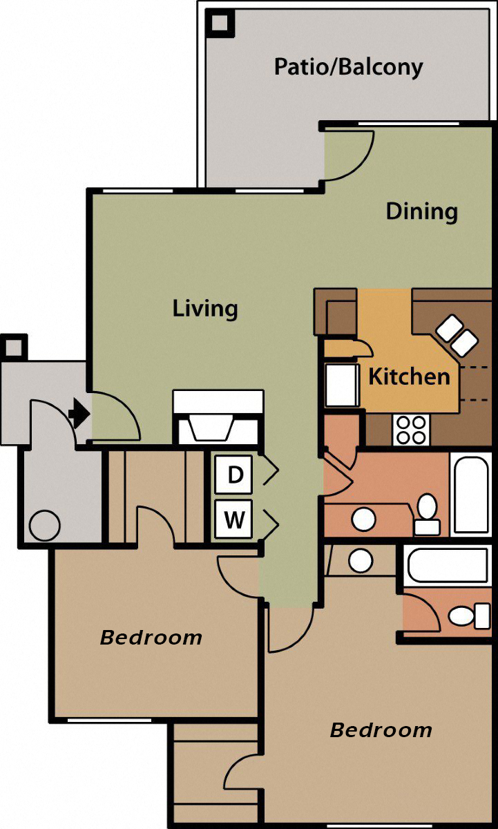 Floor plan for 2 beds, 2 baths, 957 sqft